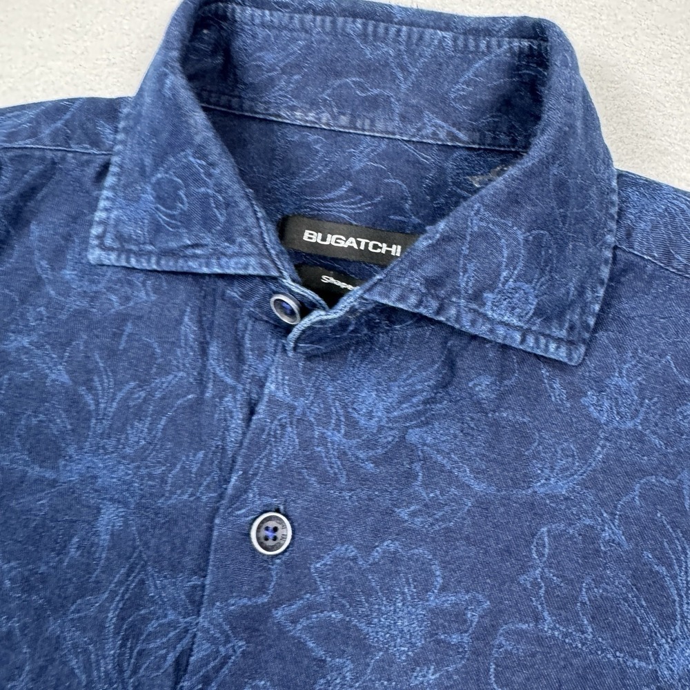 Bugatchi Shirt Men's Small Floral Jacquard Button Front L/S Blue Cutaway Collar